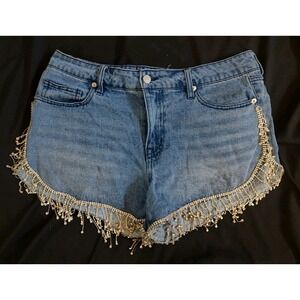 Forever 21 Shorts Premium Denim Rhinestone Fringe Dolphin Hem Sexy Sparkle Sz 28